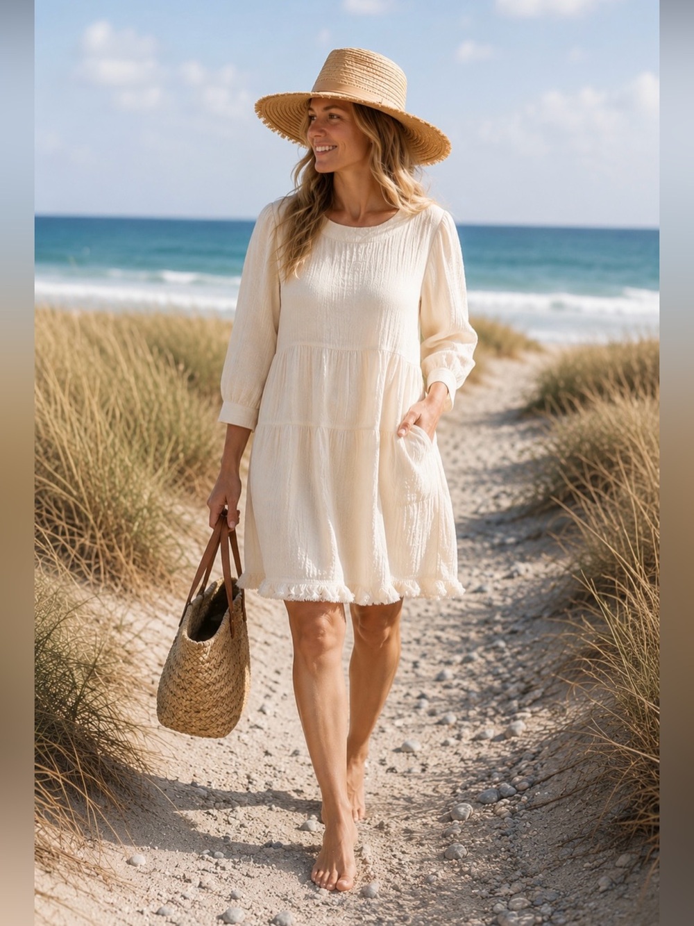 Umgee Gauze Cotton Tiered Dress S Ivory Raw Hem Pockets Boho Cottagecore NWT